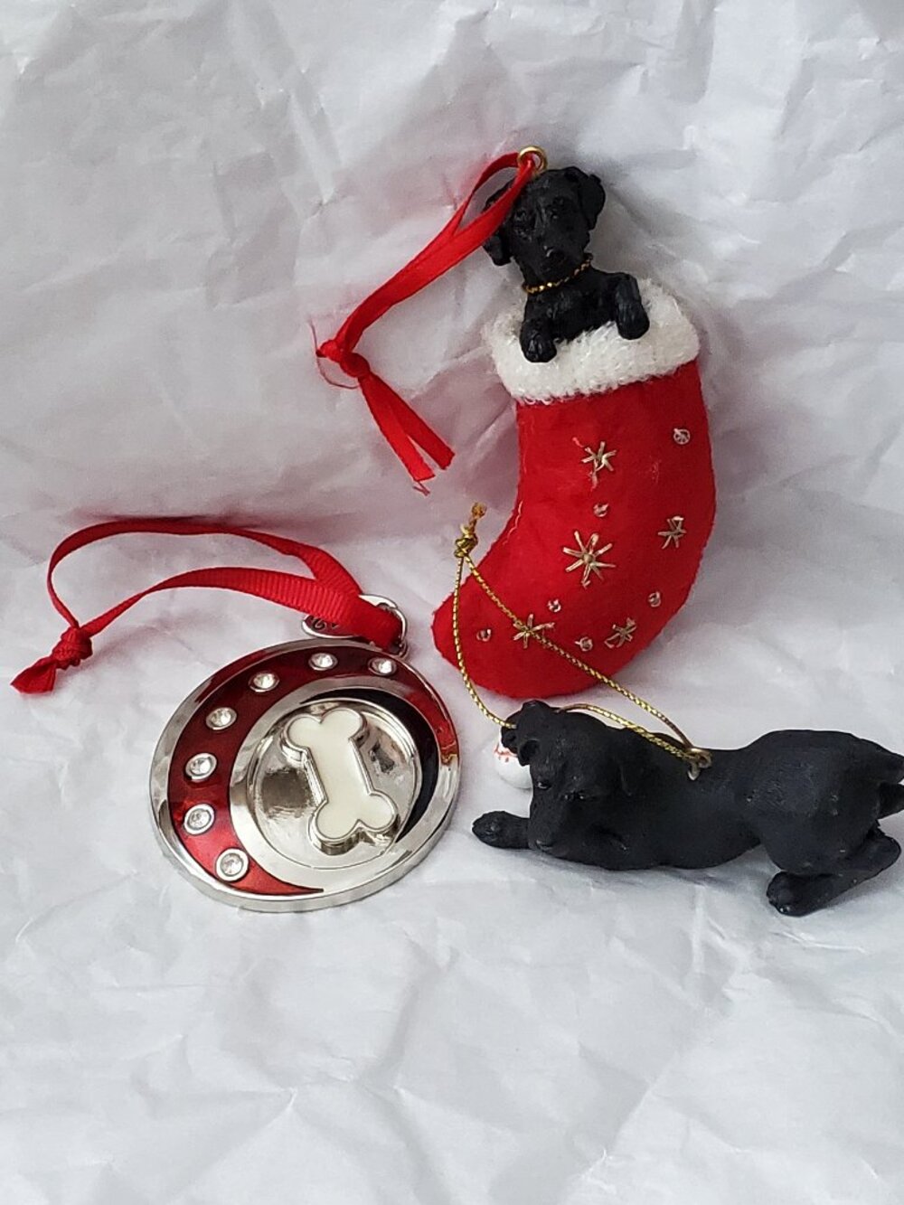 3 puppy Christmas Tree Ornaments  1 Silver & Rhinestone & 2 Black Labs Adorable!